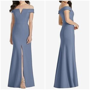 NWT Dessy Collection Off The Shoulder Trumpet Gown Bridesmaid Dress Larkspur 0